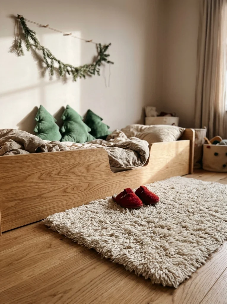A soft cream rug beside a child's bed with subtle Christmas decorations nearby.