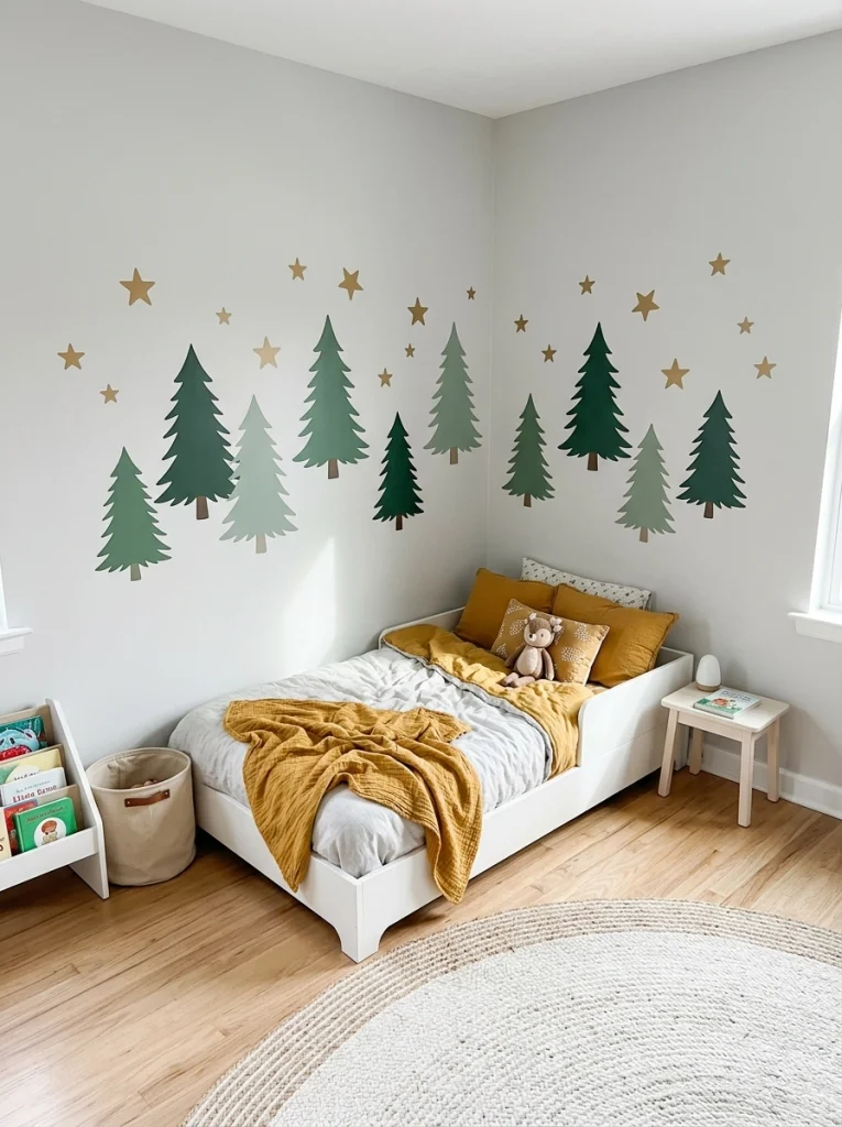 Removable Christmas tree wall decals decorating a small child's bedroom without using floor space.