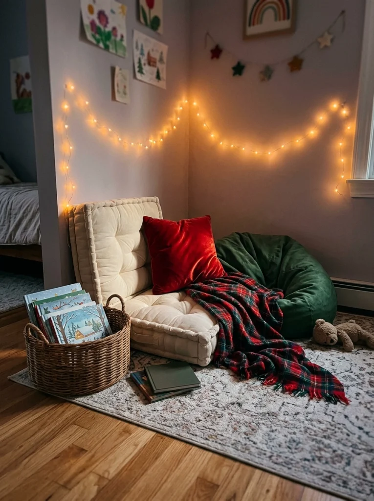 A festive children's reading nook with Christmas cushions, picture books, and a cozy blanket.