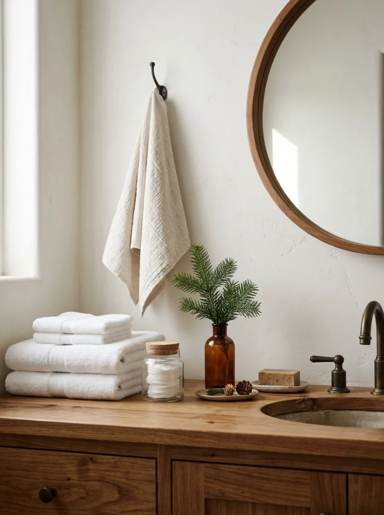 Simple Christmas bathroom decor with white towels, an evergreen sprig, and natural glass accents.