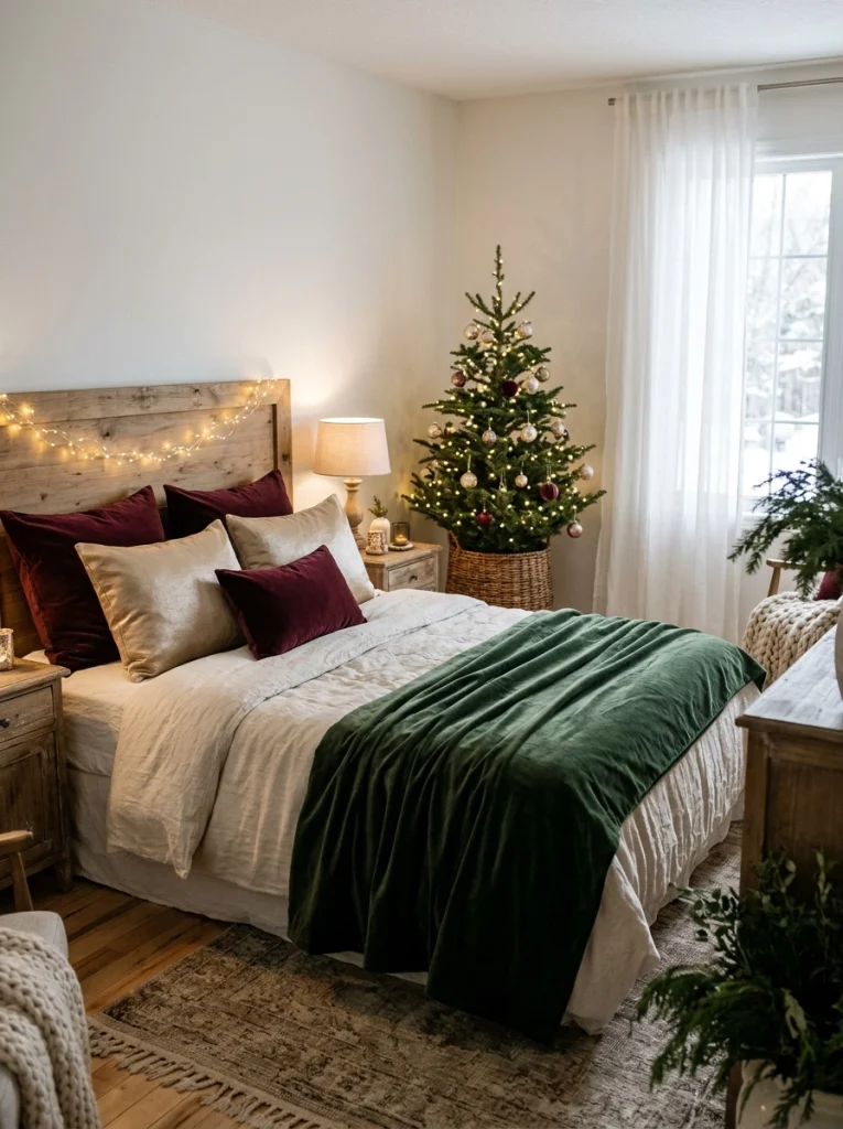 Christmas bedroom decor ideas featuring cozy cream bedding, warm fairy lights, velvet pillows, and a small glowing tree.