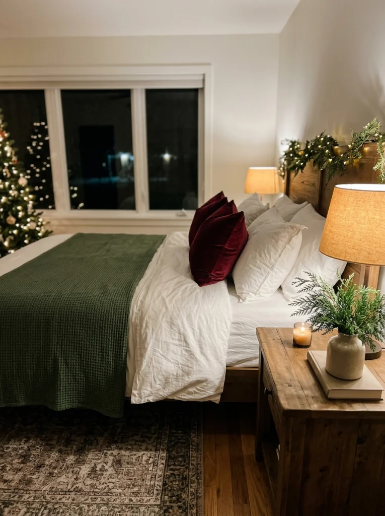 Christmas bedroom decor with green bedding accents, burgundy pillows, and natural evergreen branches.