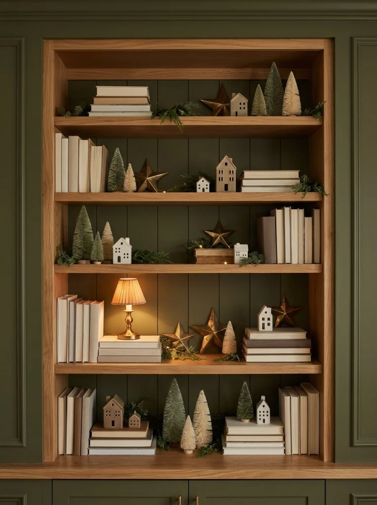 Christmas bookshelf decor with miniature trees, ceramic houses, neutral books, and small evergreen branches.