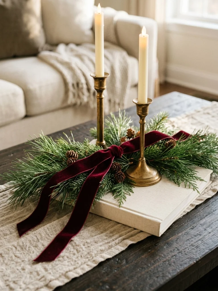 Brass candleholders and ivory LED candles add a soft glow to a Christmas coffee table centerpiece.