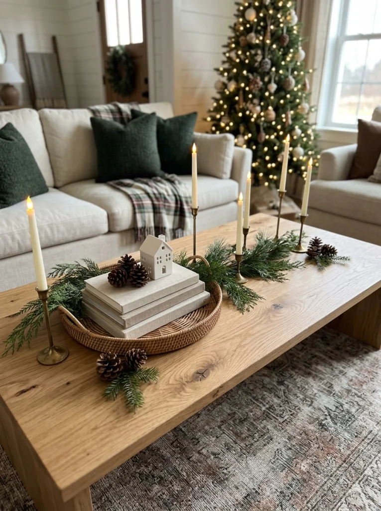 A finished Christmas coffee table with balanced greenery, books, brass accents, and plenty of room for everyday use.