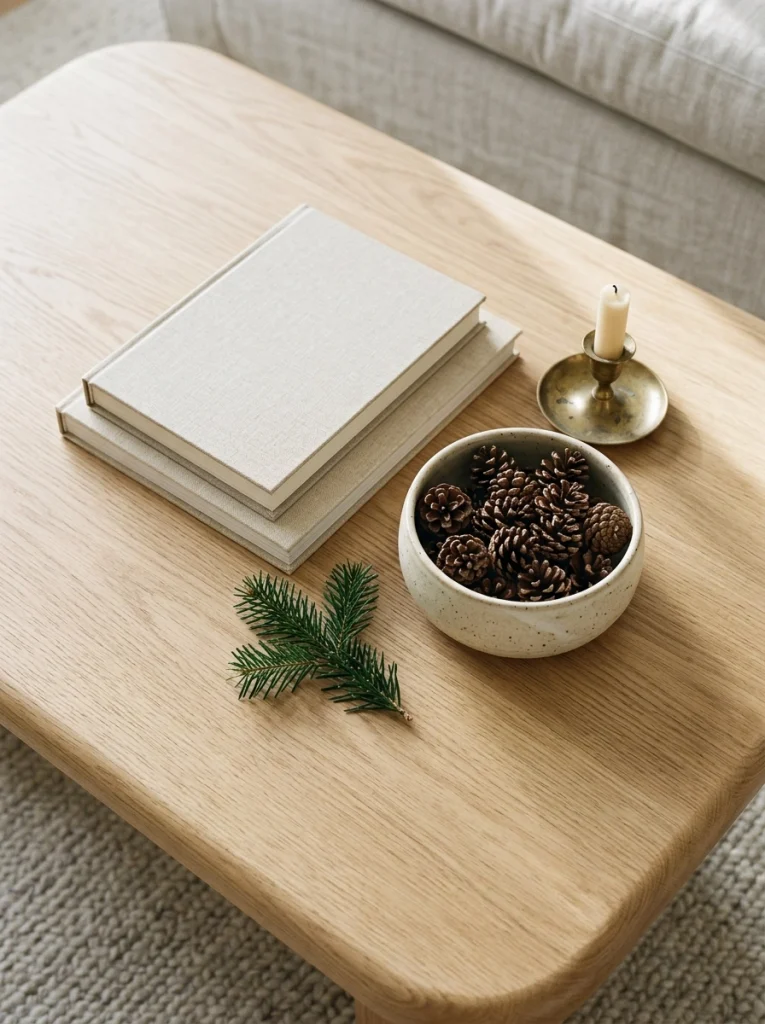 Minimalist Christmas coffee table styling with pinecones, neutral books, and natural materials.