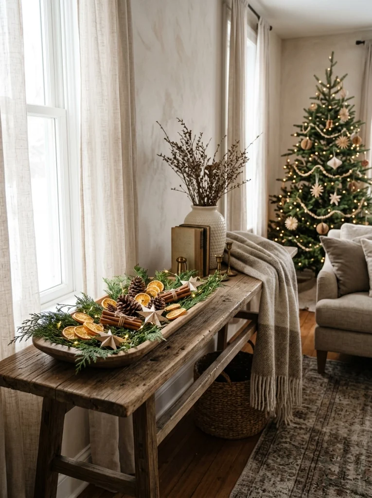 A finished homemade Christmas display combines paper stars, dried orange garlands, cinnamon bundles, and pinecones.