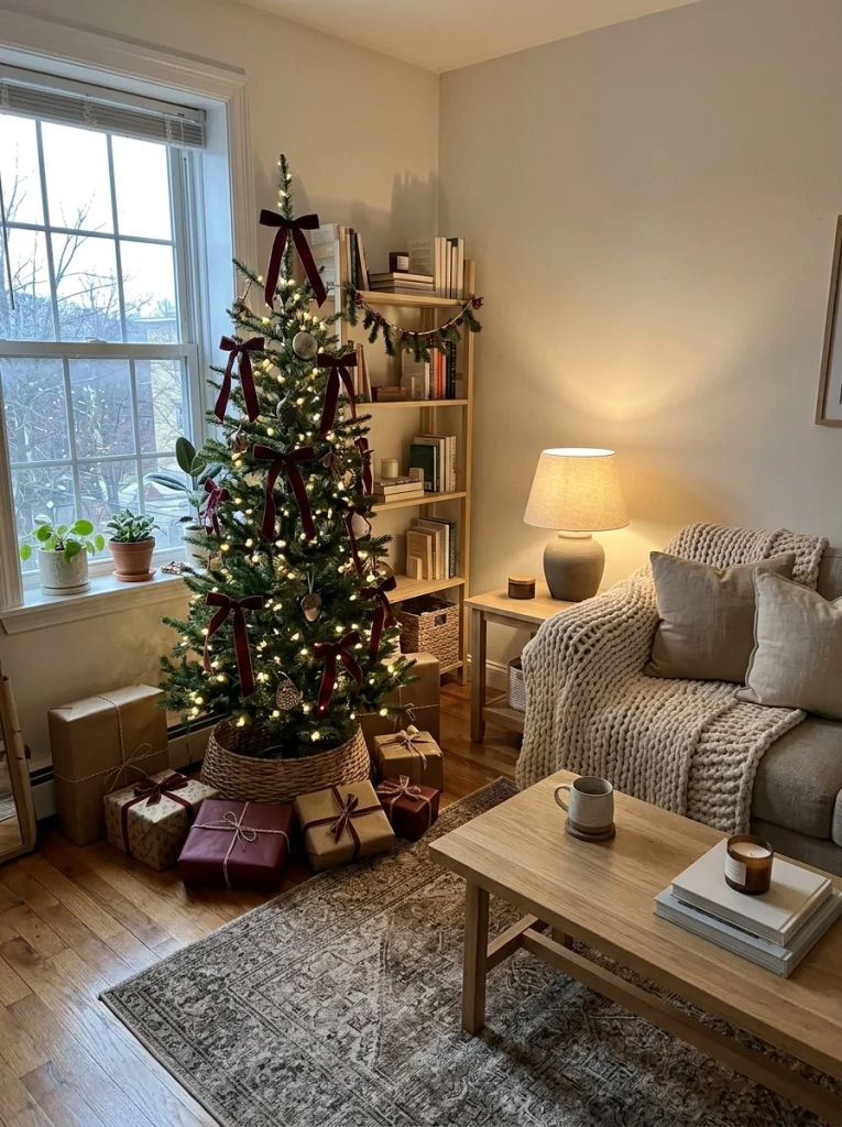 Apartment Christmas decor ideas featuring a slim Christmas tree, warm lights, and cozy neutral furnishings in a small living room.