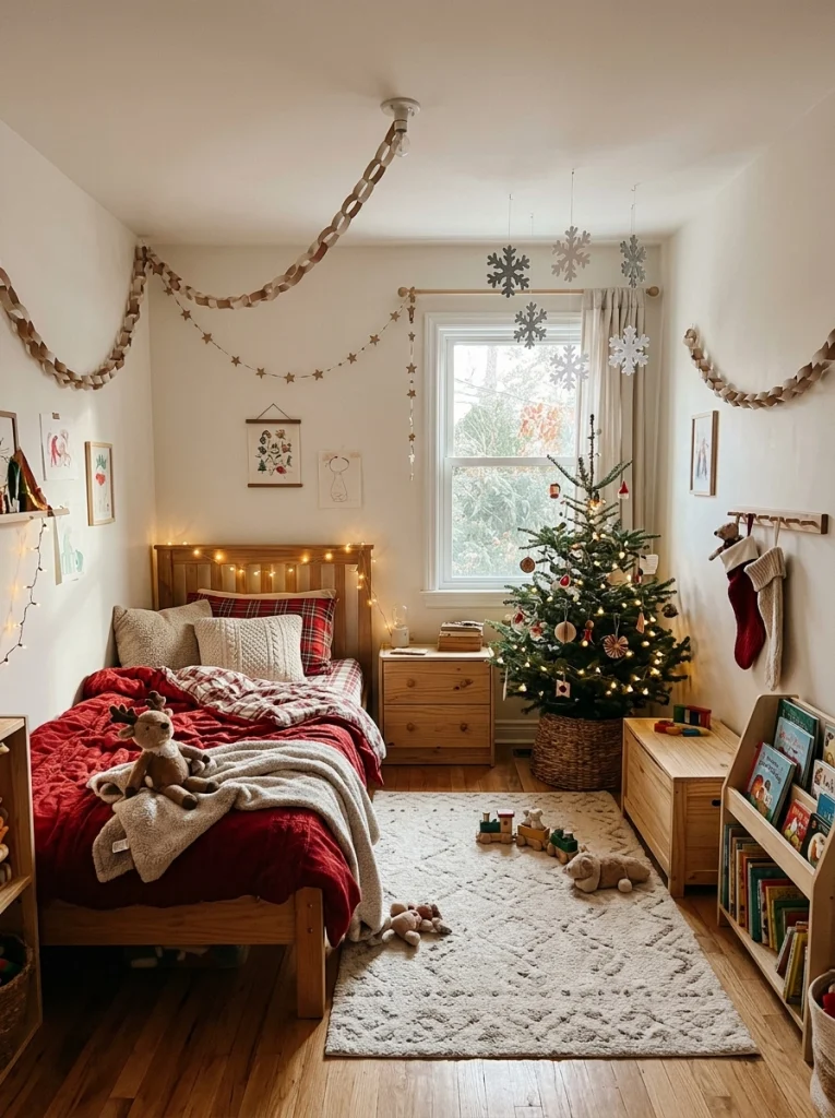 Kids Christmas room decor ideas featuring a cozy holiday bedroom with festive bedding, a small Christmas tree, and warm fairy lights.