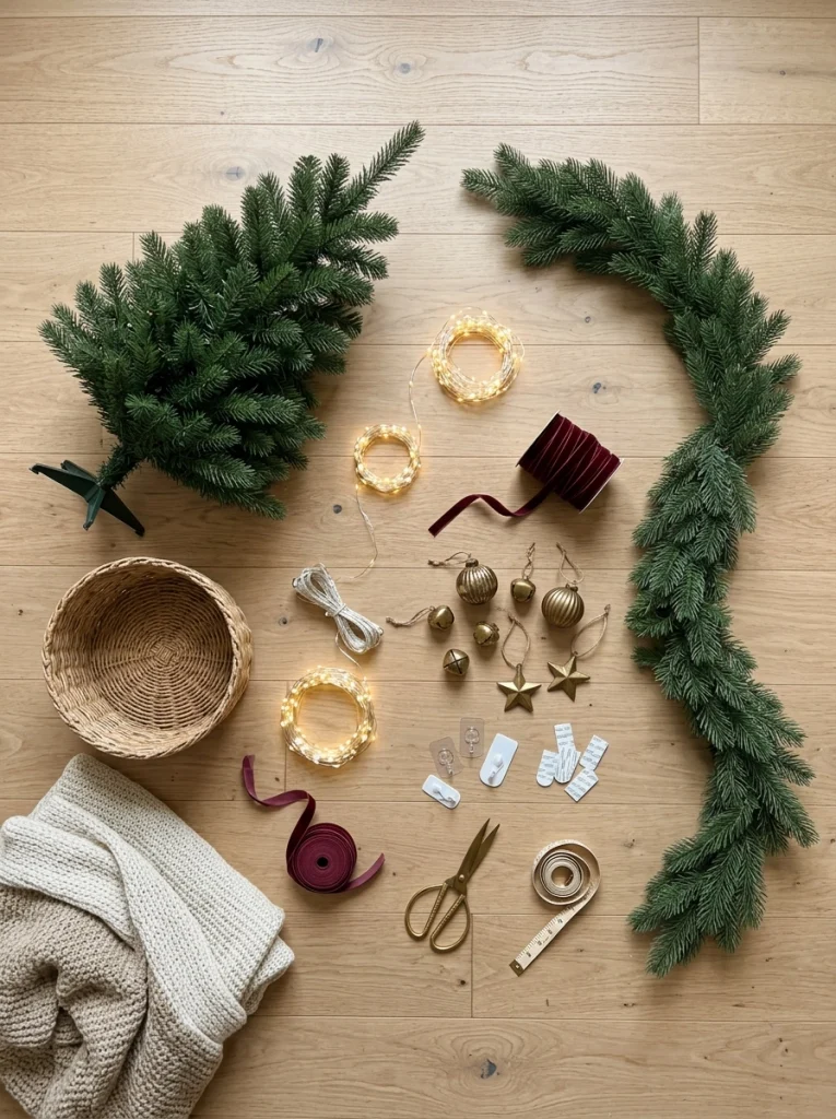 Affordable materials and simple Christmas decorations for a small home.