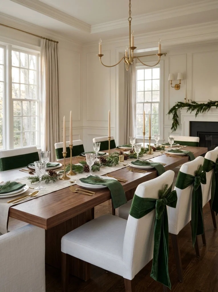 Forest-green velvet Christmas ribbons decorating dining chairs in an elegant holiday home.