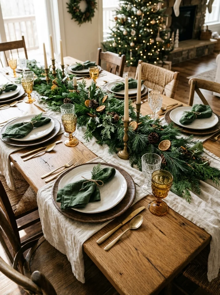 Natural wood Christmas table decor with linen, evergreen branches, and elegant brass candleholders.