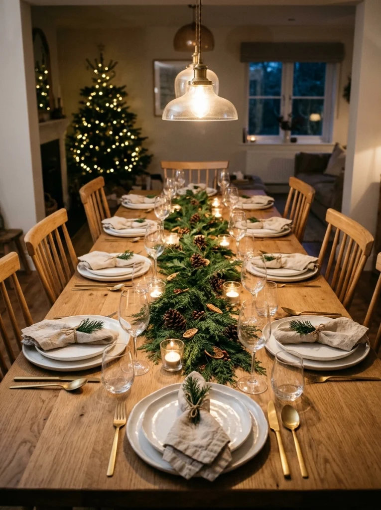 Christmas dining table decor with cedar greenery, white plates, linen napkins, and candlelight.