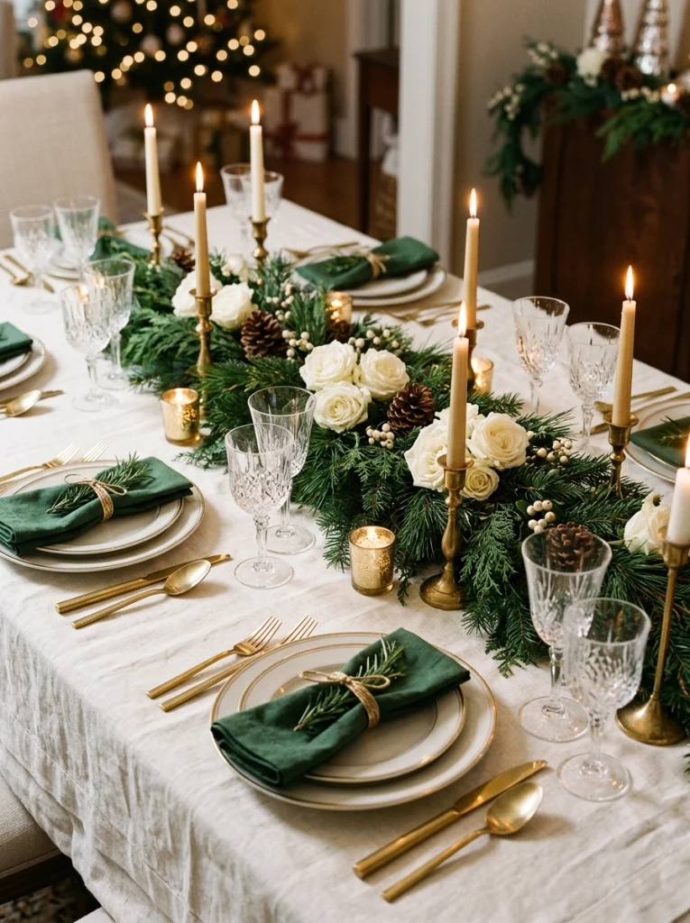  Luxury Christmas table decor with ivory linen, brass cutlery, white flowers, and evergreen branches.