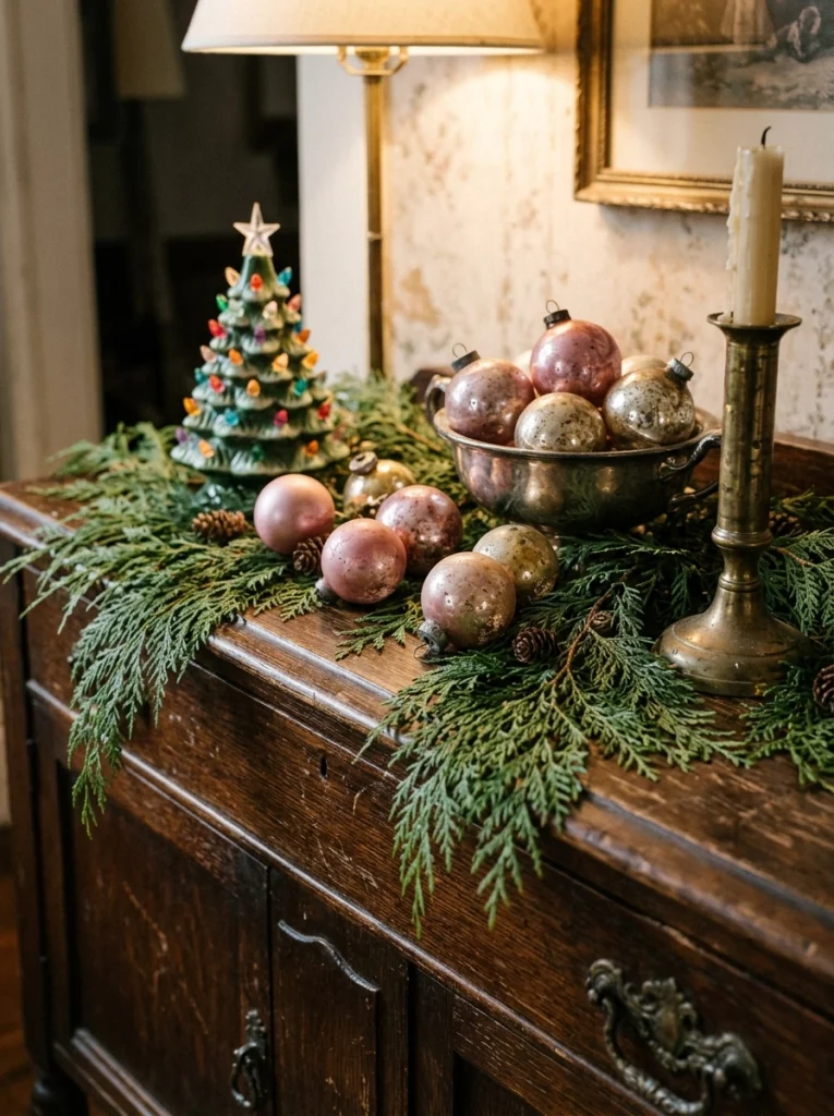 Vintage Christmas home decor ideas featuring antique glass ornaments, brass accents, and evergreen branches.