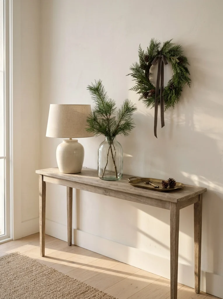 Minimalist Christmas entryway decor featuring evergreen branches, a ceramic lamp, and natural wood.