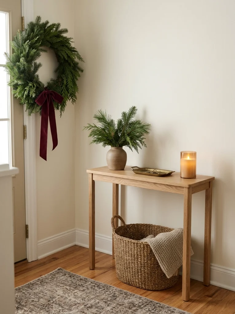 Simple Christmas entryway decor with an evergreen wreath, velvet ribbon, and a styled wooden console.