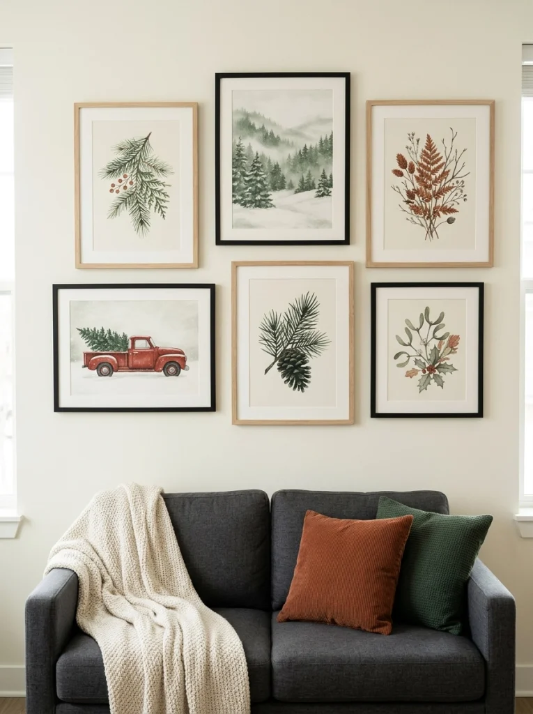 Removable Christmas art gives a small apartment living room a seasonal gallery wall.