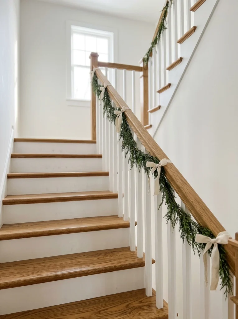 A simple Christmas staircase decorated with cedar greenery and small cream ribbon bows.
