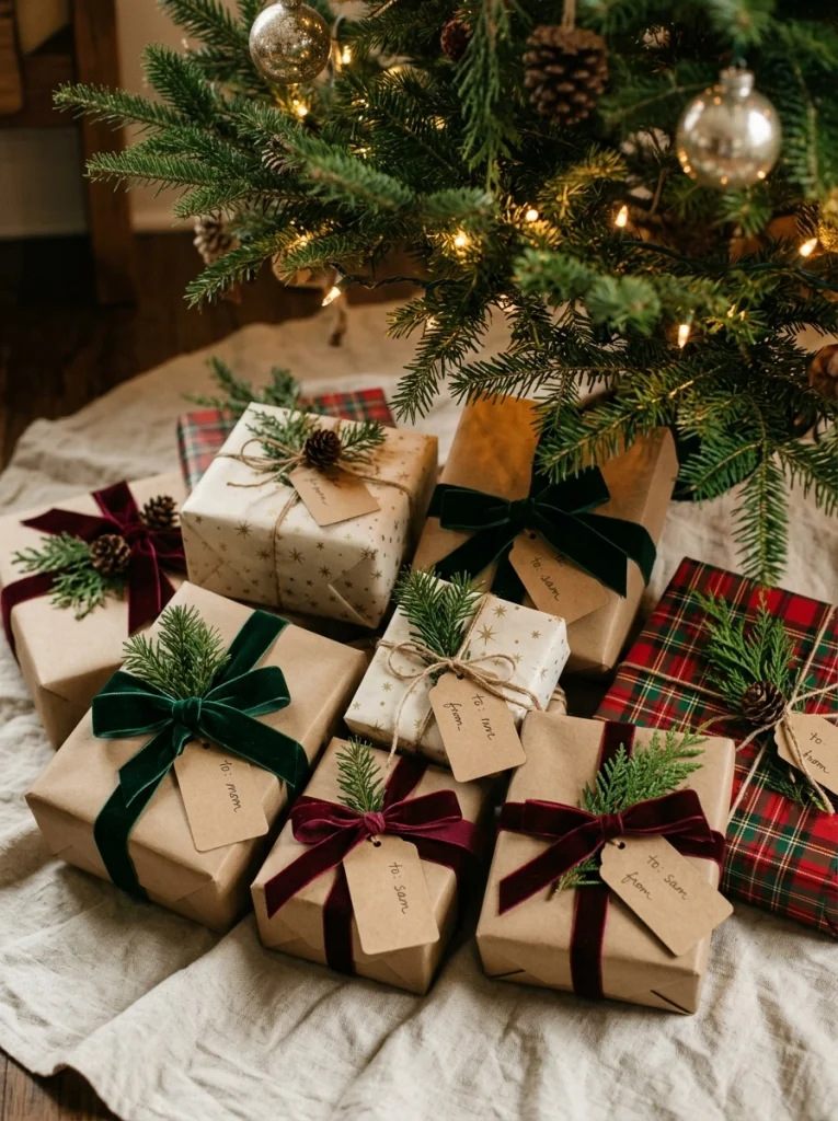 Christmas tree decor with coordinated kraft paper gifts, red plaid wrapping, and velvet ribbon.