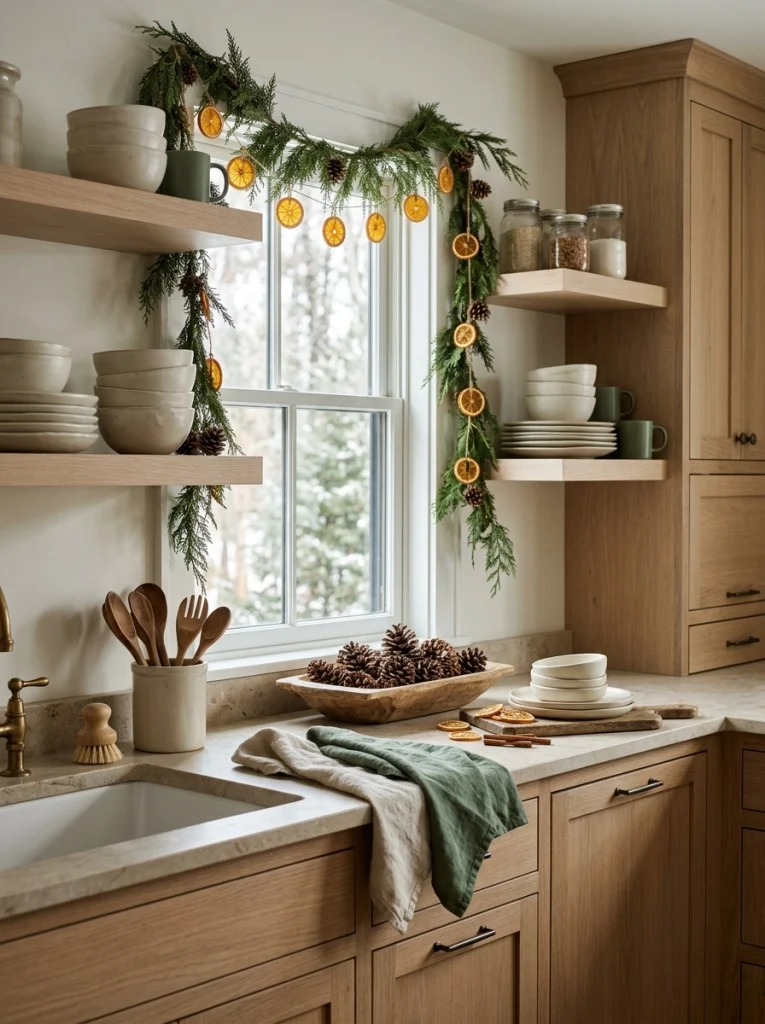  Natural woodland Christmas kitchen decor with cedar greenery, pinecones, dried oranges, and neutral ceramics.