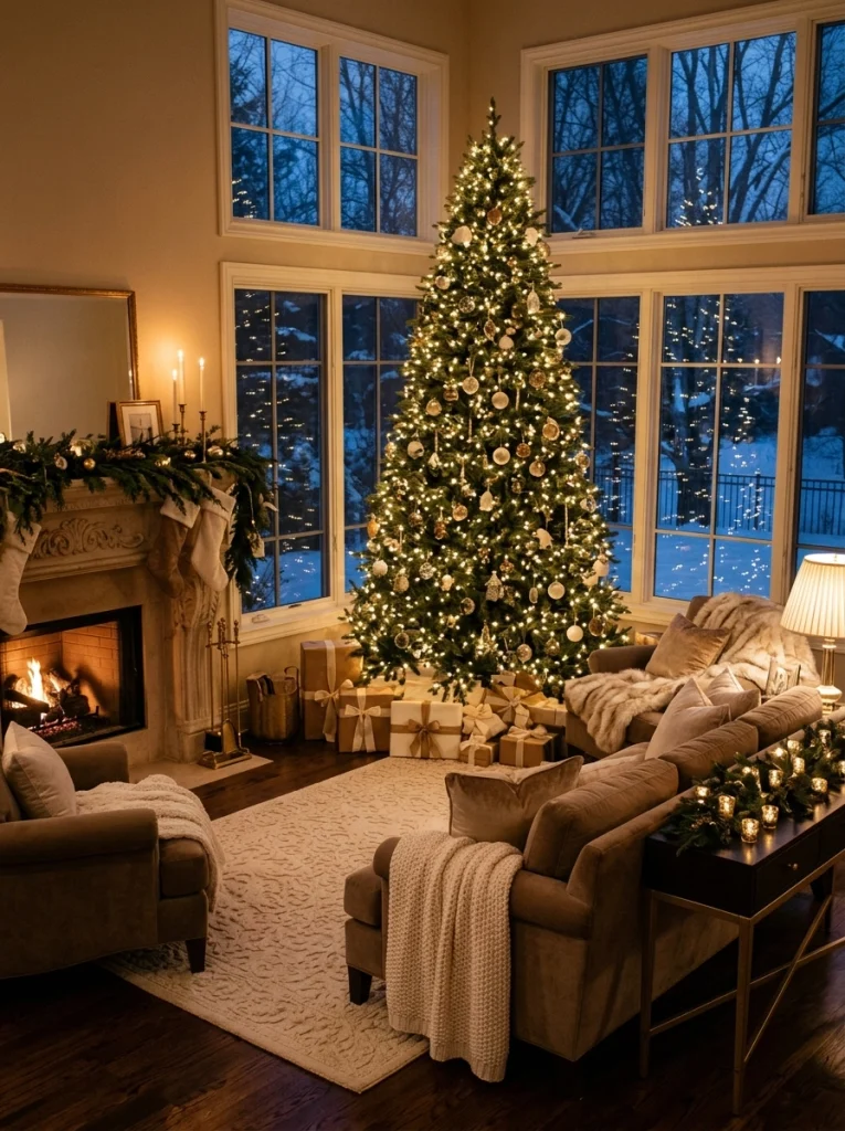 Warm layered Christmas lighting with a glowing tree, table lamps, and soft candlelight in an elegant home.
