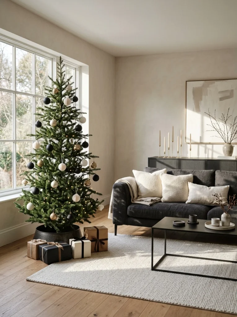Modern Christmas living room decor ideas with black ornaments, white cushions, gold accents, and a green tree.