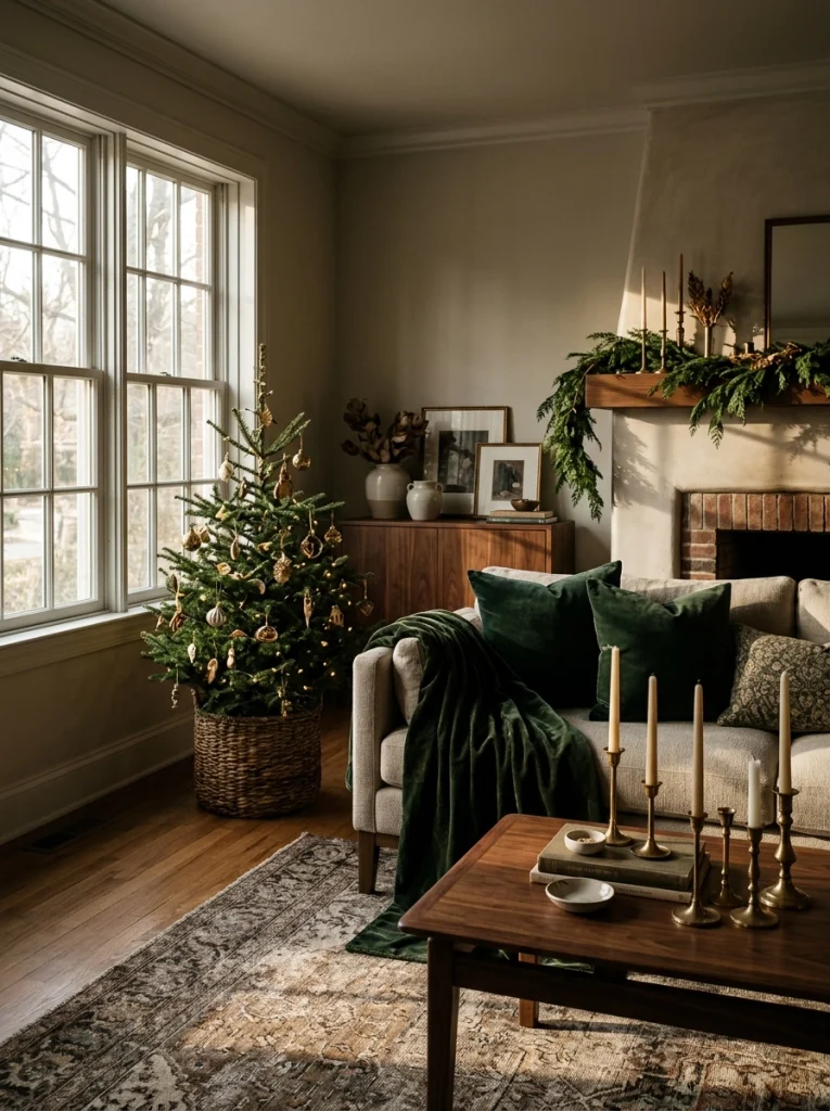 Forest-green and brass Christmas decorations creating a rich, elegant living room.