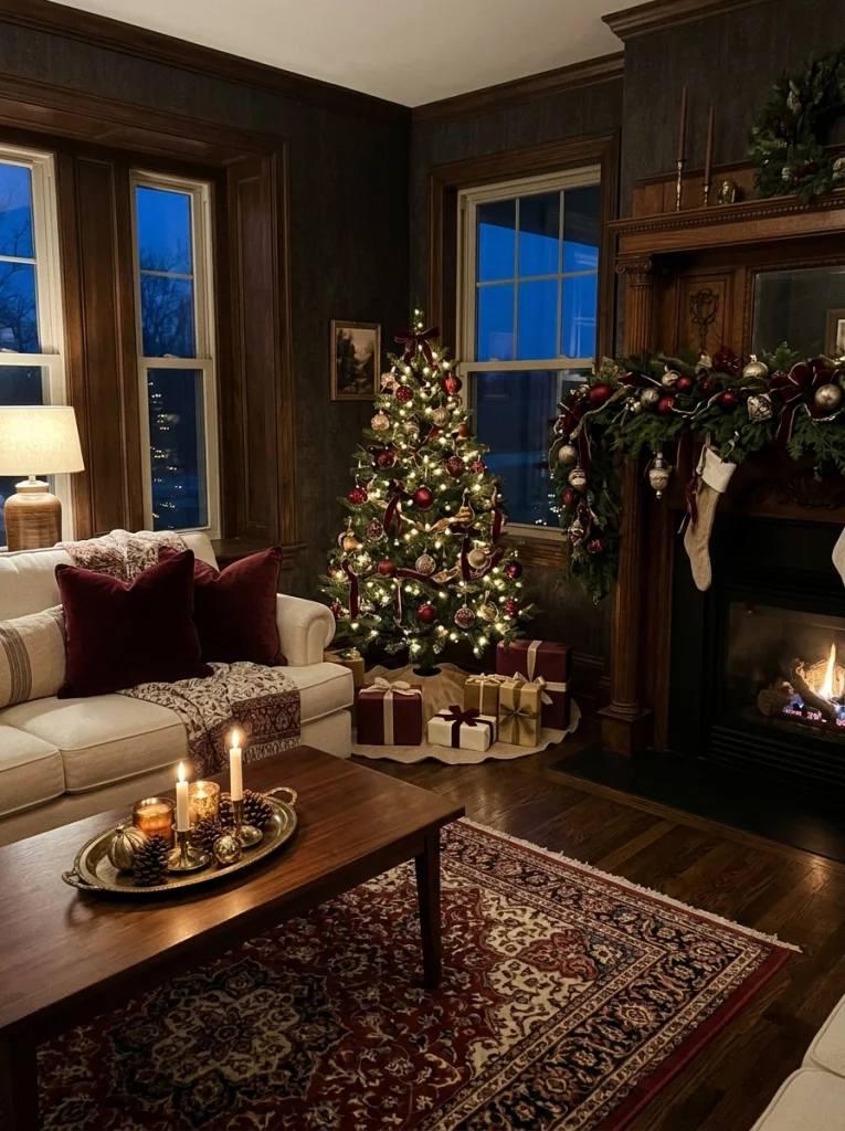 Burgundy and antique gold Christmas decorations creating a rich luxury living room palette.