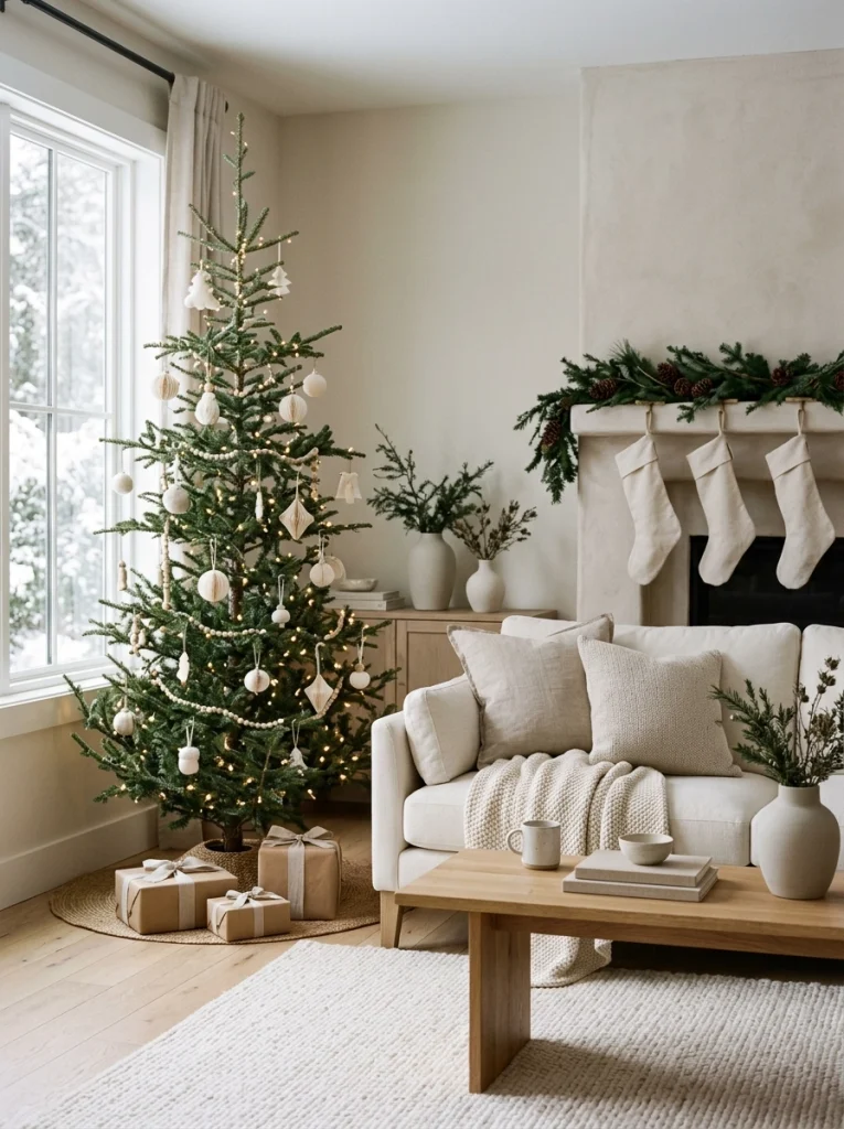Minimalist Christmas home decor with a simple evergreen tree, neutral ornaments, and cozy natural textures.