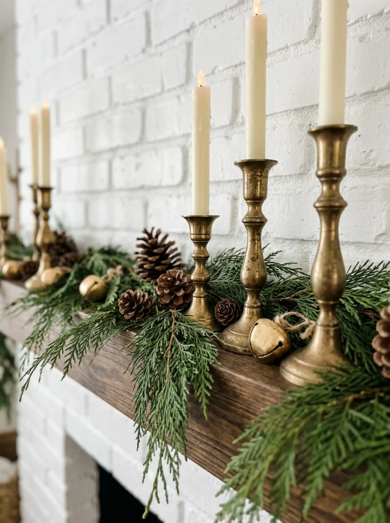 Brass candleholders, ivory LED candles, pinecones, and gold bells arranged among Christmas mantel greenery.