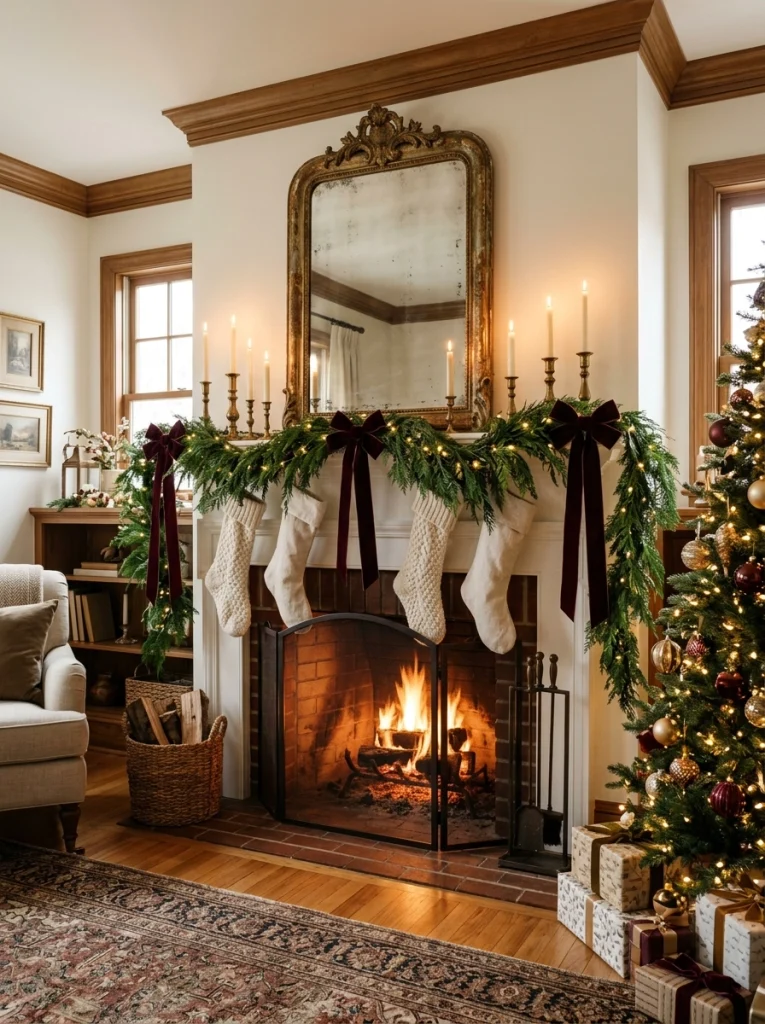 A finished Christmas mantel with layered greenery, burgundy ribbon, brass accents, warm lights, and cream stockings.