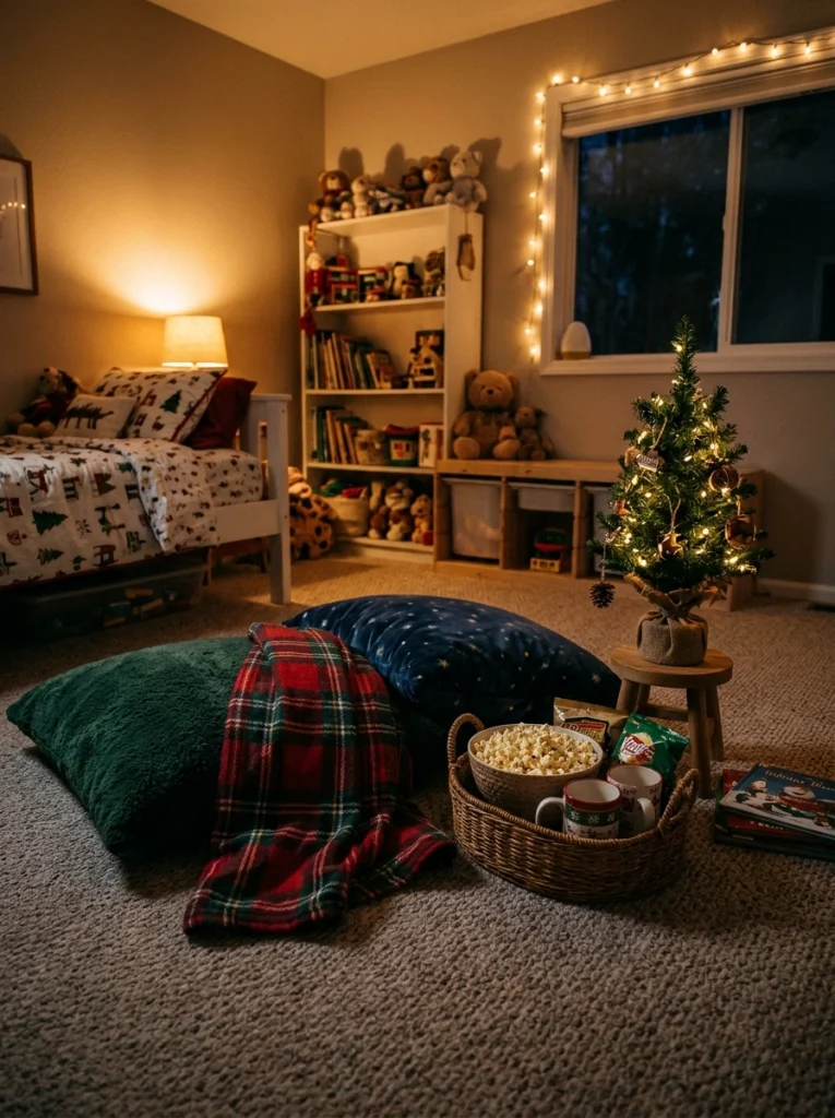 A Christmas movie corner in a child's bedroom with plaid blankets and soft floor cushions.