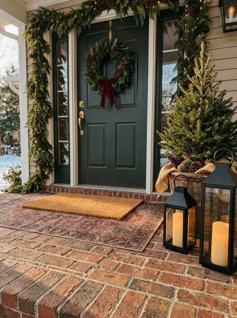 Styling a Christmas front porch with black lanterns, flameless candles, evergreen plants, and a festive layered doormat.