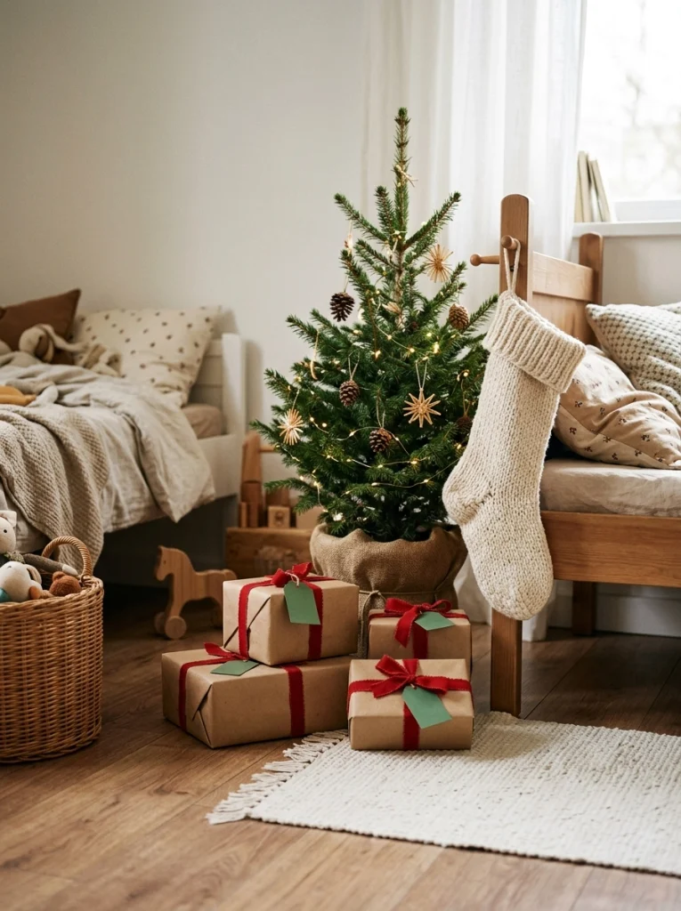 A small Christmas morning gift display with wrapped presents and a mini tree in a child's bedroom.