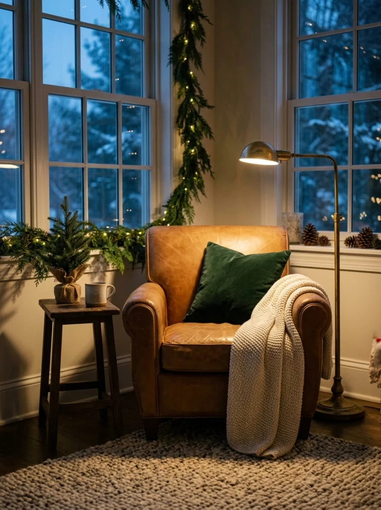Cozy Christmas living room decor featuring a reading chair, knitted throw, brass lamp, and miniature Christmas tree.
