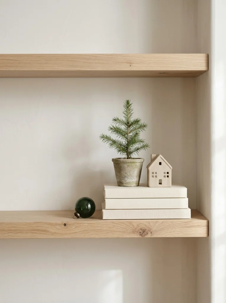 Minimalist Christmas shelf decor with ceramic houses, neutral books, and a miniature evergreen tree.