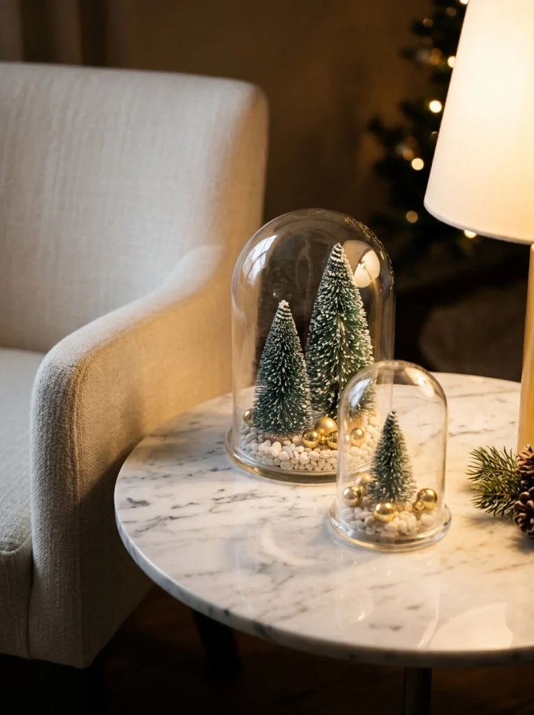 Glass cloche Christmas displays with miniature trees and gold ornaments for a sophisticated holiday accent.