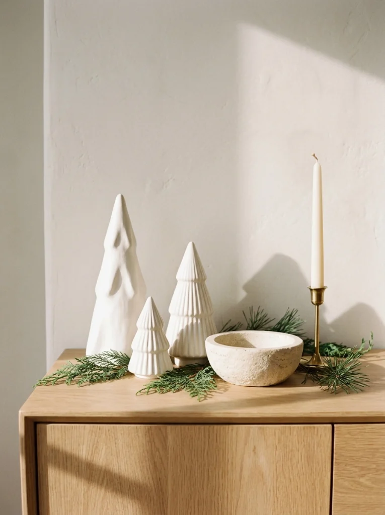 Minimalist luxury Christmas decor featuring sculptural white ceramic trees and brass accents.