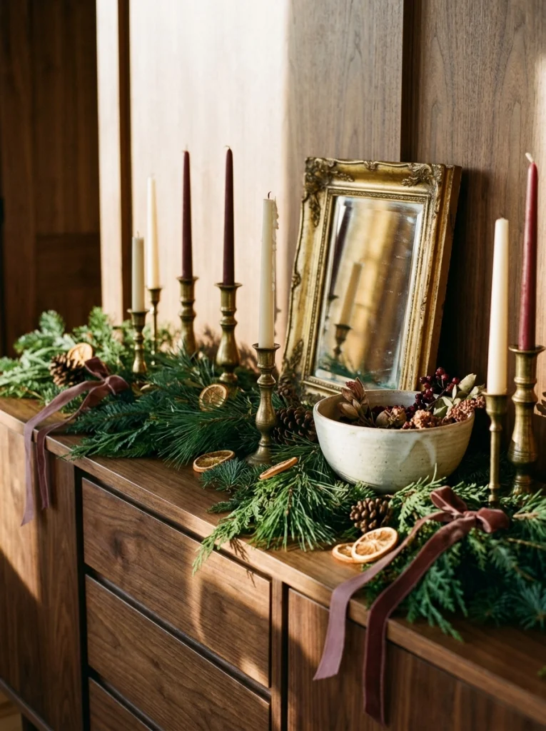 Vintage brass Christmas decorations on a wooden sideboard for a collected luxury look.