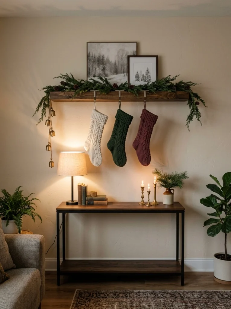 Christmas living room decor with knitted stockings hanging from a floating shelf above a decorated console table.