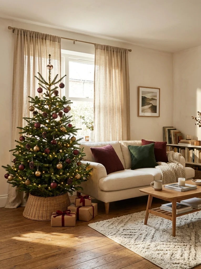 A cozy Christmas living room featuring a decorated tree, warm lighting, and coordinated holiday accents.