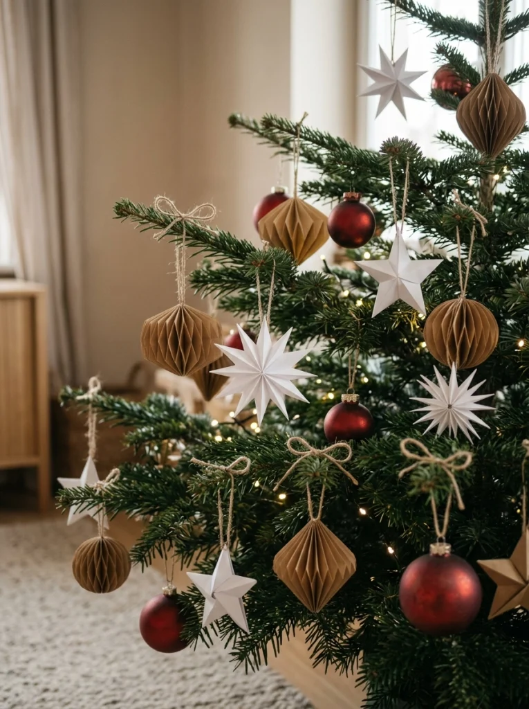 Handmade paper ornaments create affordable Christmas tree decor with a charming natural look.