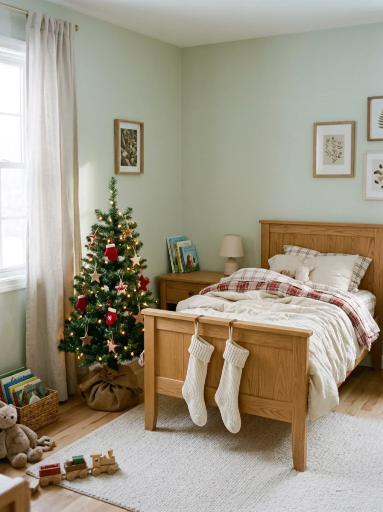A small Christmas tree beside a child's bed with colorful ornaments and warm lights.