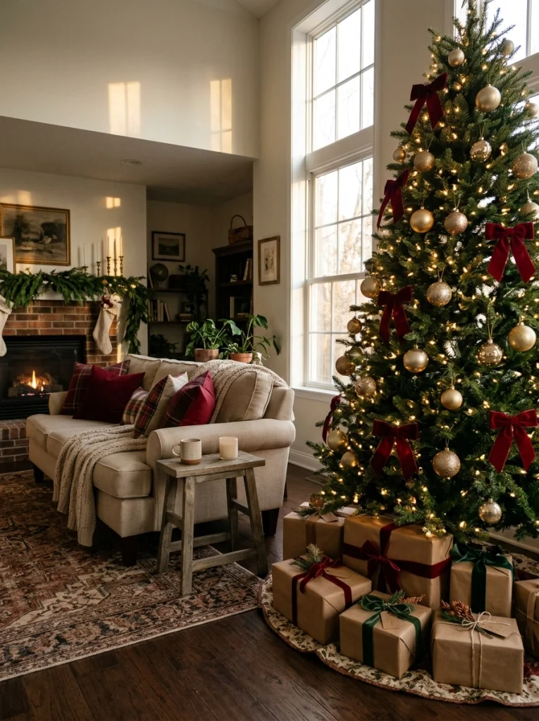 Classic Christmas living room decor ideas with a green Christmas tree, red velvet ribbons, gold ornaments, and warm lights.