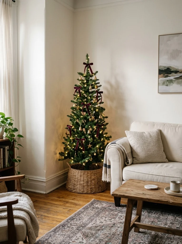 A slim Christmas tree tucked into a small living room corner to save floor space.