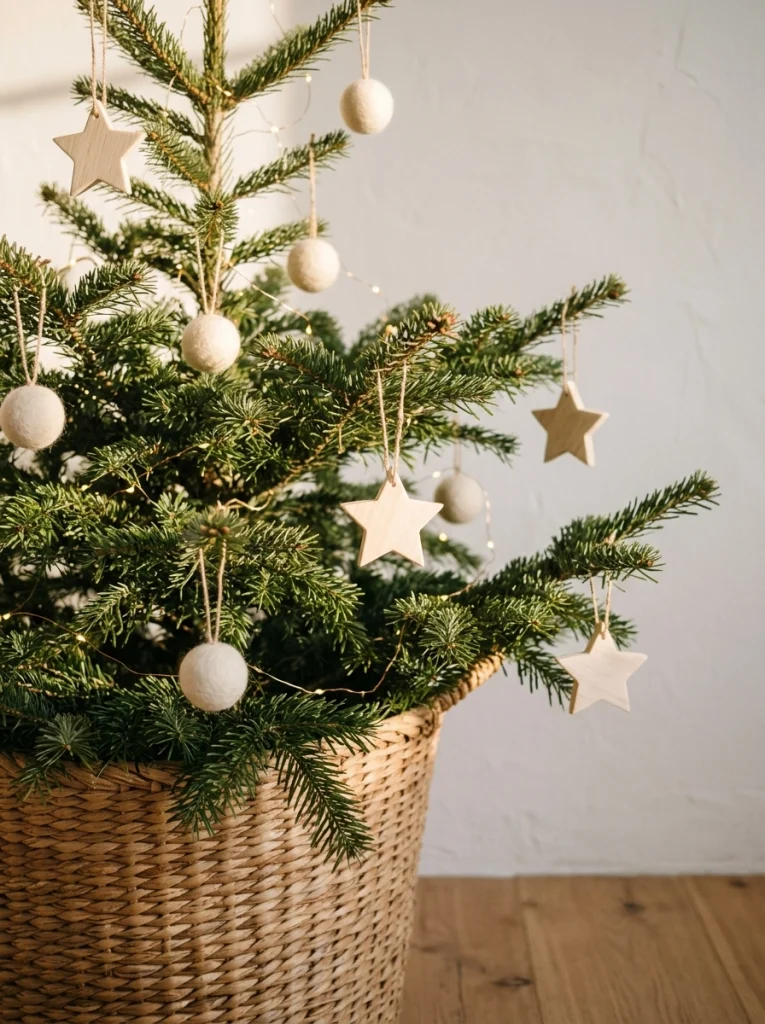 A small Christmas tree styled with wooden ornaments and soft lights for a minimalist holiday home.