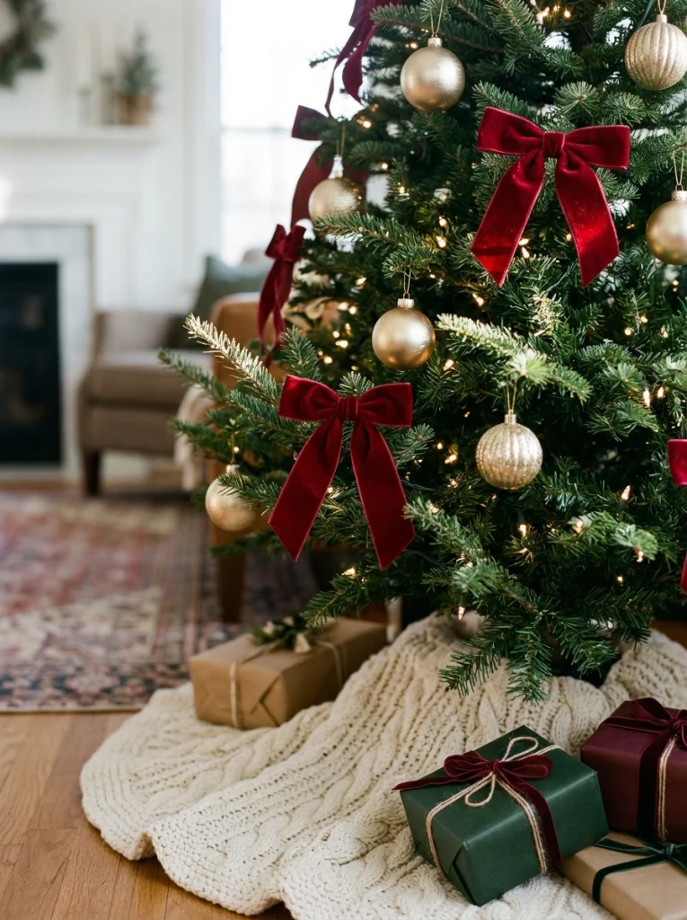 Traditional Christmas tree styling with red velvet bows, gold ornaments, and warm white lights.