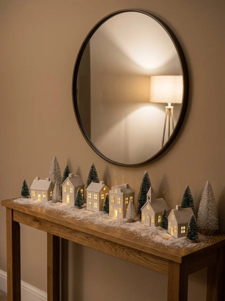 Christmas living room console table decorated with a miniature ceramic village, tiny trees, and warm lights.