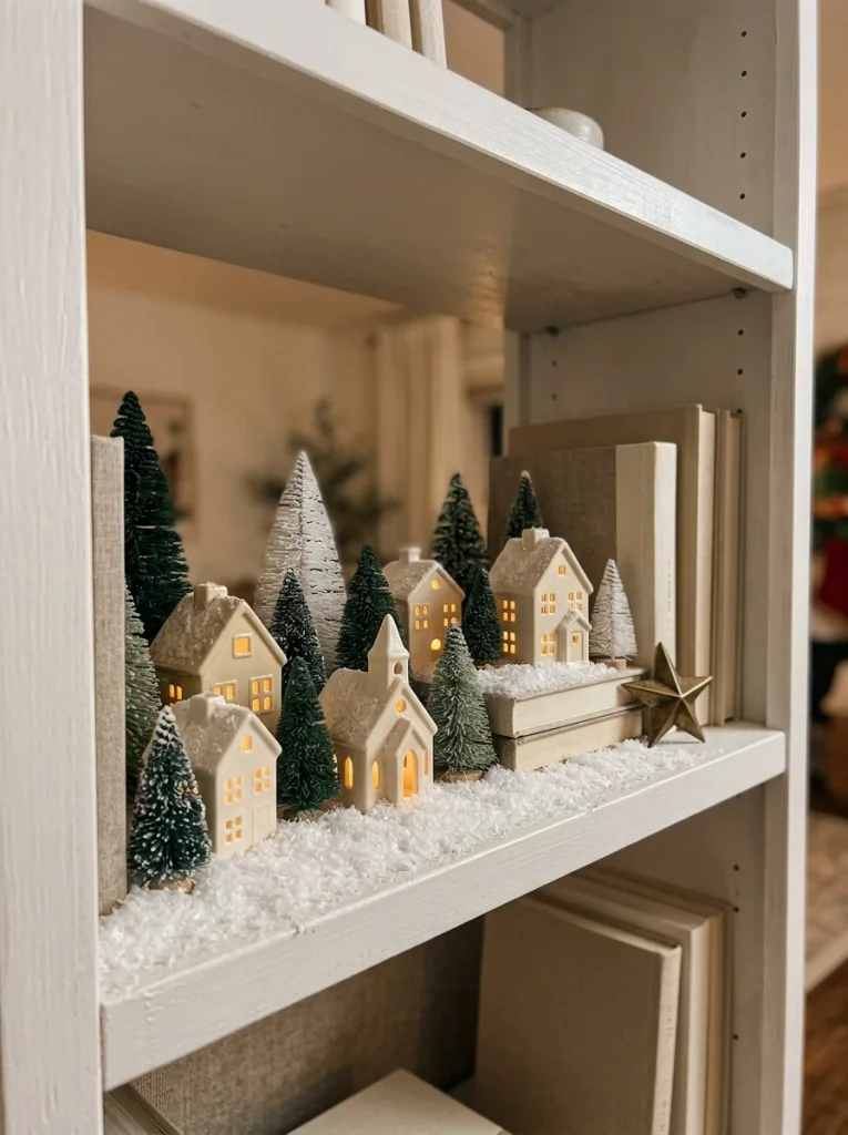 Christmas shelf decor with miniature ceramic houses, bottlebrush trees, and warm village lights.